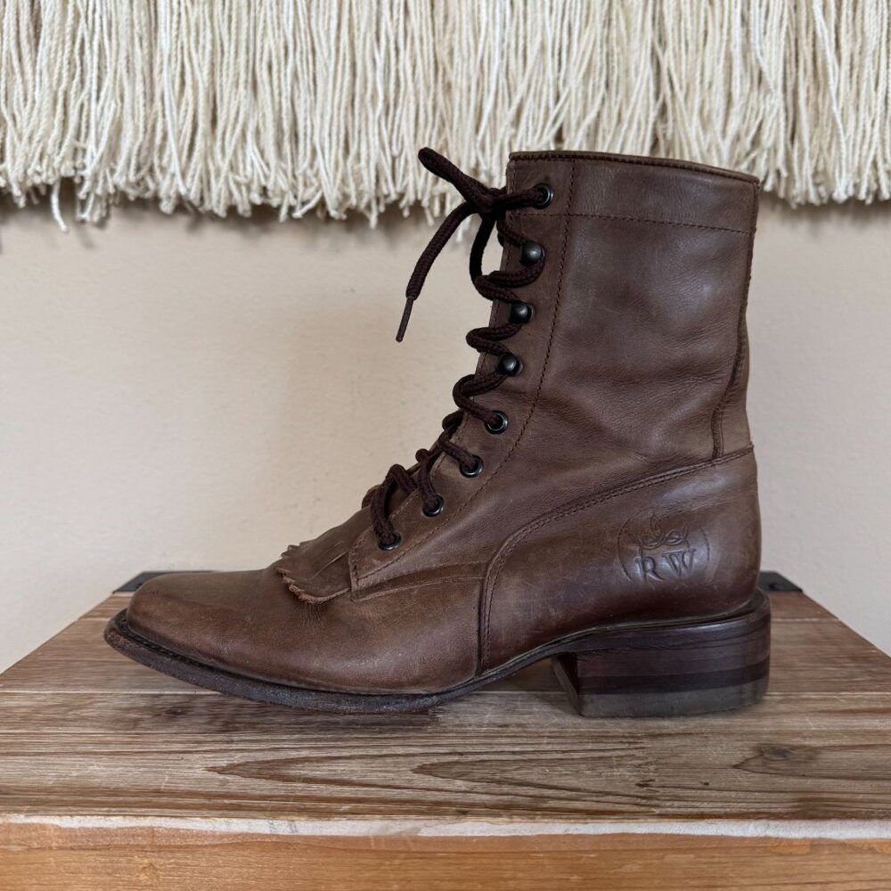 Raywelt Brown Leather Square Toe Fringe Roper Lace Up Ankle Boot Size  7.5 - Picture 7 of 17
